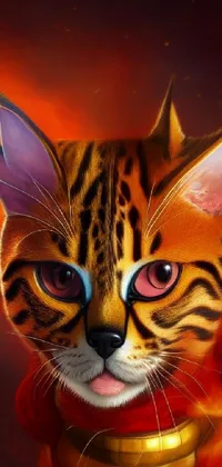 This phone live wallpaper features a stunning close-up of a cat with fiery background colors of orange and yellow