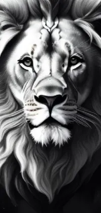 This live phone wallpaper showcases a captivating black and white drawing of a striking lion