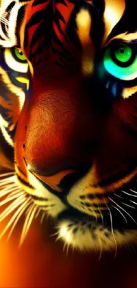 This captivating phone live wallpaper features a close-up view of a tiger's face with bright green eyes, a digital rendering made entirely from striking gradients
