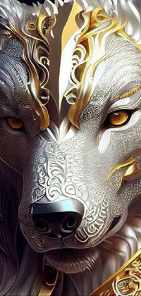 This phone live wallpaper captures the essence of a white and gold wolf in intricate detail