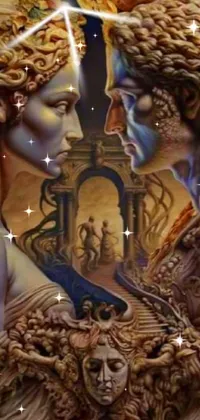 This neoclassical digital art phone live wallpaper features beautiful gemini twins portraits, intricately painted in oil on canvas