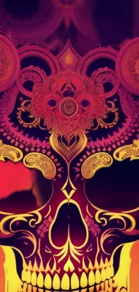 This phone live wallpaper depicts a vector art image of an intricately detailed skull against a deep red backdrop