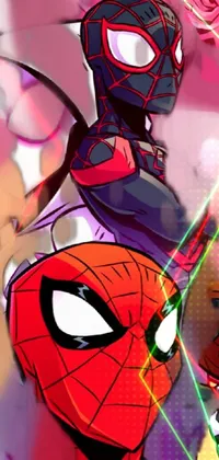 This is a stunning live wallpaper for your phone featuring a group of Spider-Man characters standing shoulder to shoulder