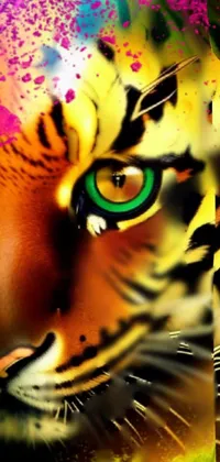 The Tiger Paint Live Wallpaper depicts a digital painting of a fierce tiger with gold eyes, surrounded by paint splatters and airbrush rendering