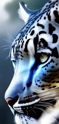 This phone live wallpaper features a stunning close up of a leopard's face with mesmerizing blue eyes and vivid blue fur with white spots