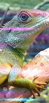 This phone live wallpaper features a charming lizard chewing on a video card atop a tree branch