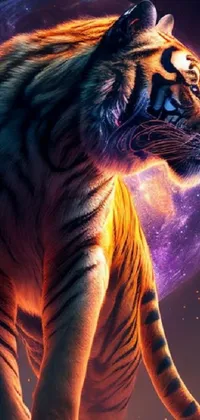 Looking for a mesmerizing live wallpaper for your phone? Look no further than this stunning fantasy art creation, where a magnificent tiger stands beneath a full moon, rendering a captivating visual spectacle