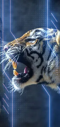 This phone live wallpaper features an awe-inspiring image of a tiger standing next to a tree