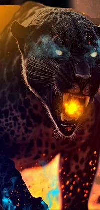 This phone live wallpaper features a fierce-looking cat with fiery fur, set against a backdrop of swirling flames