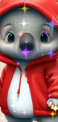 This live phone wallpaper features a digital cartoon koala character wearing a red hoodie