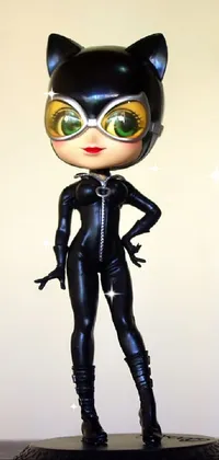 This phone live wallpaper showcases a detailed and colorful figurine of Catwoman