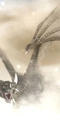 This live phone wallpaper boasts vivid digital art of a dragon and horse charging through intense fog