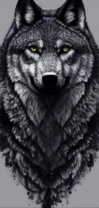 This live wallpaper for your phone showcases a captivating black and white drawing of a powerful wolf in a portrait-style