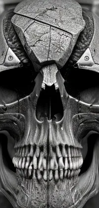 This mobile live wallpaper features a stunning black and white digital art photo of a skull with a metal exterior and stone face
