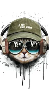 This phone live wallpaper features a cool and stylish furry cat wearing headphones and a hat