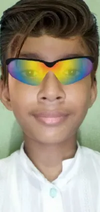 This phone live wallpaper features a remarkable close-up of a clean-shaven teen boy sporting cool white sunglasses against a holographic white background