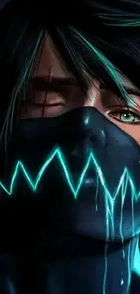 This live wallpaper boasts a dramatic anime-style depiction of a person wearing a mask, with deep shades of black and cyan adding to the intensity of this electrifying design