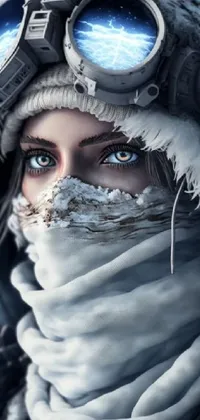 Experience the icy beauty of a determined and focused woman in goggles and scarf with this stunning phone live wallpaper