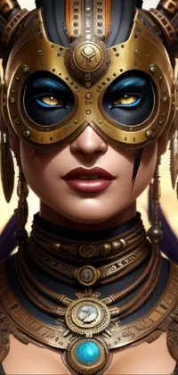 This phone live wallpaper features a stunning portrait of a woman wearing an intricate steampunk mask