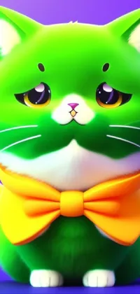 With this phone live wallpaper, you can enjoy a delightful anime-style green cat wearing a playful yellow bow tie