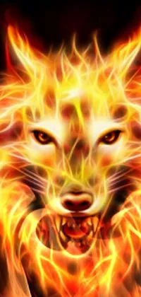 This striking phone live wallpaper features a digital rendering of a fierce wolf's face in close-up, set against a black background that's lit up with fiery orange and red tones