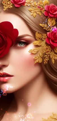 This phone live wallpaper features a beautiful woman with flowers in her hair, surrounded by intricate digital art designs with a fantasy feel
