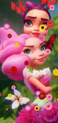 This enchanting live wallpaper features two adorable girls standing in a vibrant garden filled with colorful flowers and fluttering butterflies