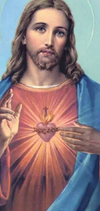 This phone live wallpaper features an intricate painting of Jesus holding a heart in his hands with a heart emblem on his chest