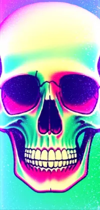 This phone live wallpaper features a stunning close up of a skull in a retro wave, neon art style