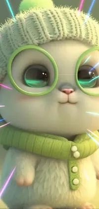 This charming live wallpaper showcases a digitally rendered cat wearing a hat and glasses with striking green eyes