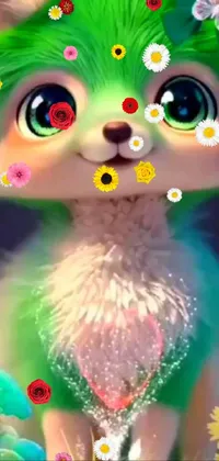 Get enchanted with this adorable phone live wallpaper featuring a charming green kitten sitting on a lush green field