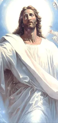 This stunning live wallpaper depicts a painting of Jesus surrounded by a golden halo in the clouds