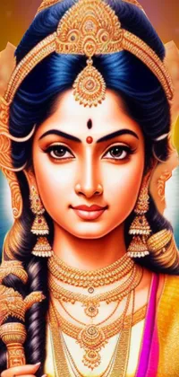 This Indian live phone wallpaper features a stunning woman with a crown on her head, symbolizing the goddess of the sun