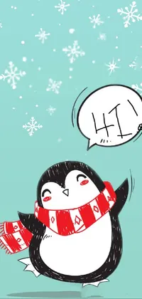 This phone live wallpaper showcases a charmingly illustrated cartoon penguin sporting a red scarf and speech bubble in a wintery setting