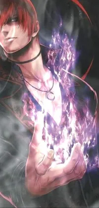 This live phone wallpaper features a captivating close-up of a character casting a lightning spell, set against a rich and vibrant purple and red background