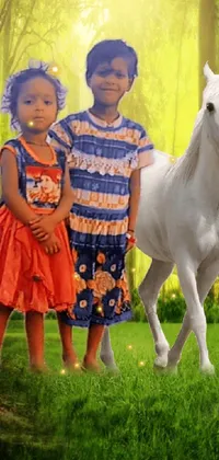 This incredible live wallpaper depicts two girls and a white horse in a lush fantasy forest