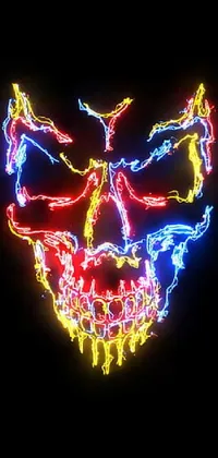 This digital art live wallpaper features an eye-catching neon skull mask with vibrant colors and a cinematic feel