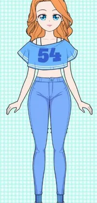 This live phone wallpaper depicts a cartoon girl in a casual and stylish blue shirt and jeans