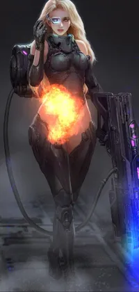 This phone live wallpaper features a beautiful robot character, dressed in a sleek black bodysuit, with a gun in hand