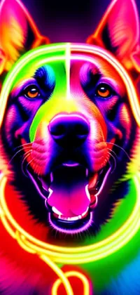 This live wallpaper features a digital painting of a German Shepherd wearing a vibrant neon collar