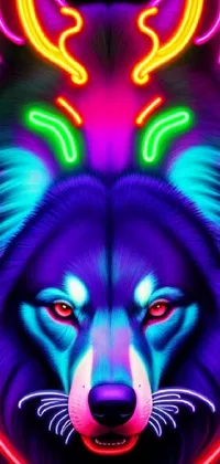 This phone live wallpaper is a captivating creation, featuring a fierce wolf with glowing horns on its head amid a colorful and high-contrast neon wiring background in red and blue