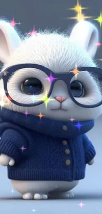 Get ready to add a touch of cute to your phone with this charming white rabbit live wallpaper! Sporting a pair of trendy glasses and a cozy blue sweater, this bunny is creating waves in the online community