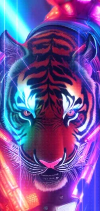 This live wallpaper features a stunning close-up of a majestic tiger, illuminated by neon lights