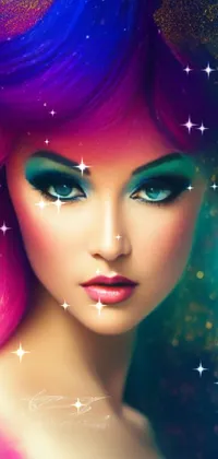 This striking phone live wallpaper features a close-up portrait of a woman with vividly colored hair
