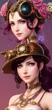 This stunning phone live wallpaper features a beautiful woman wearing a hat, a striking character portrait, two cute anime girls, a 3D-rendered steampunk design, official fanart behance HD, and a stylized portrait