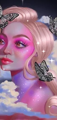 This phone live wallpaper showcases a mesmerizing digital art painting of a woman adorned with colorful butterflies in her hair