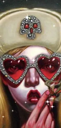 This live wallpaper features a vibrant painting of a woman wearing heart shaped glasses in a pop surrealism style