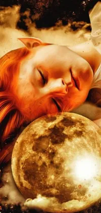 This phone live wallpaper features a stunning digital art depiction of a lady resting beside a golden ball on the surface of the moon, set against a breathtaking landscape of vivid red-orange hues