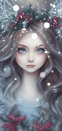 Looking for an enchanting wallpaper for your phone? Look no further than this gorgeous and detailed painting of a winter princess with angel wings and a wreath on her head