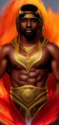 This live phone wallpaper depicts a muscular male hero holding a sword, standing in front of a blazing fire